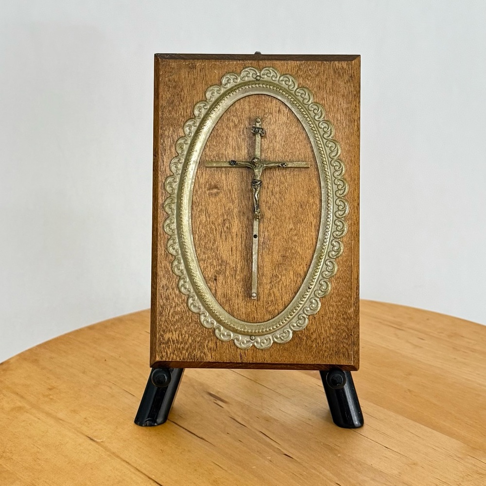 Vintage Victorian Style Crucifix on Wooden Panel, Brass Cross Wall Plaque